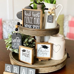 Graduation party decor tiered tray centerpiece signs, garland, mini bead loop and GRAD scrabble set with pine tray G48 image 2
