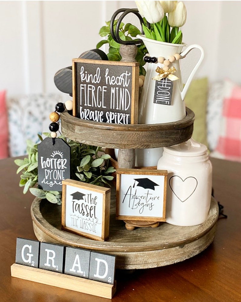 Graduation party decor tiered tray centerpiece signs, garland, mini bead loop and GRAD scrabble set with pine tray G48 image 2