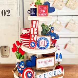 Super Dad tiered tray set. Dad, Fathers Day, military / first responder Dads. Red white & blue Dad gift. Party for Dad, centerpiece. F42