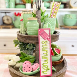 9&quot; farmhouse style tiered tray “porch board” sign “hello summer” with popsicle. Shiplap background classic summer farmhouse decor