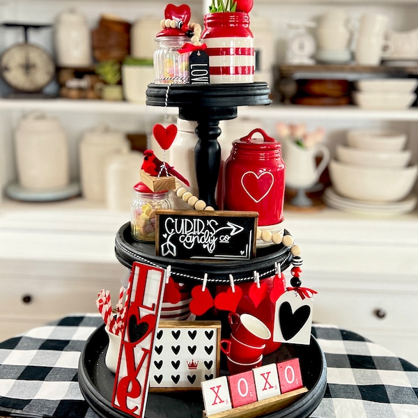 Red, black & White Valentines Day tiered tray set! Queen of hearts, 3D signs, garlands, love bird swing, etc. V40