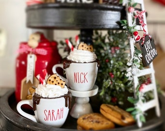 Custom / personalized hot  cocoa tiered tray mini mug with faux whip, decorative mug hot cocoa bar. naughty, nice / mom & dad / custom name