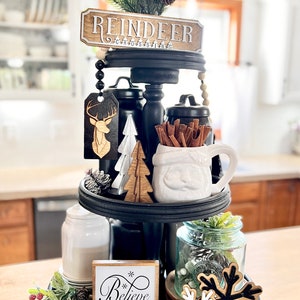 Black, white &wood neutral tiered tray set, Christmas / winter / snow believe, reindeer crossing, 3D garland, 3D wood trees R57