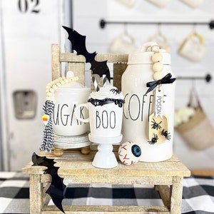 Halloween / fall tiered tray mini mug “BOO” black & white with faux whip, canister scoop, sugar bowl beads coffee bar set