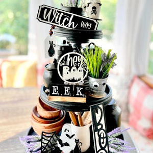 Hey Boo set Halloween party dining room, centerpiece decor haunted tiered tray decor H64