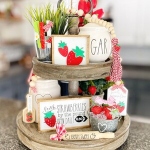 Strawberry decor, white & red summer tiered tray set! Mix and match items, strawberry patch, garland, rolling pin, 3D signs etc S04