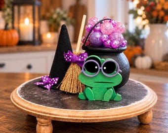 Bubble cauldron Halloween decor, tiered tray, vignette purple bubbles, broom, witches hat frog X11