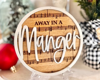 Faith white on wood religious Hymn | hymnal classic style round sign with sheet music background, Faith, decor 5.25" Away in a Manger