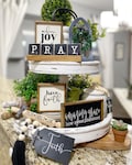 Faith black & white tiered tray decor! Christian / religious Mix and match items, farmhouse style signs, wooden bead garland etc F19
