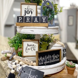 Faith black & white tiered tray decor! Christian / religious Mix and match items, farmhouse style signs, wooden bead garland etc F19