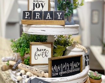 Faith black & white tiered tray decor! Christian / religious Mix and match items, farmhouse style signs, wooden bead garland etc F19