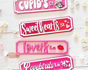 9" street signs for Valentine's Day tiered tray, coffee bar, hutch Lovers Ln, Cupid's Ct, Lovebirds Ln, Sweethearts St. pink white and red