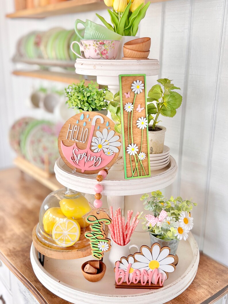 Daisy Spring set, adorable addition to your farmhouse / cottage tiered tray & hutch Dining room decor Centerpiece D62 image 10