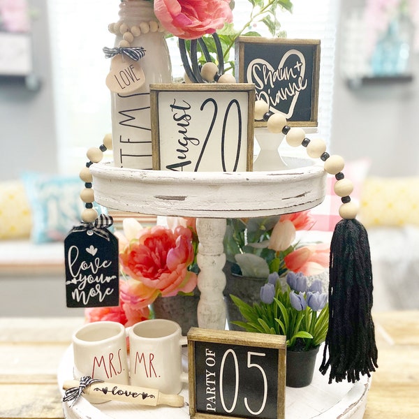 black & White Love, anniversary, couples, wedding tiered tray set! Mix and match, custom and personalized gifts. The “love birds” set A21