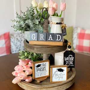 Graduation party decor tiered tray centerpiece signs, garland, mini bead loop and GRAD scrabble set with pine tray G48 1" x 3" wood riser