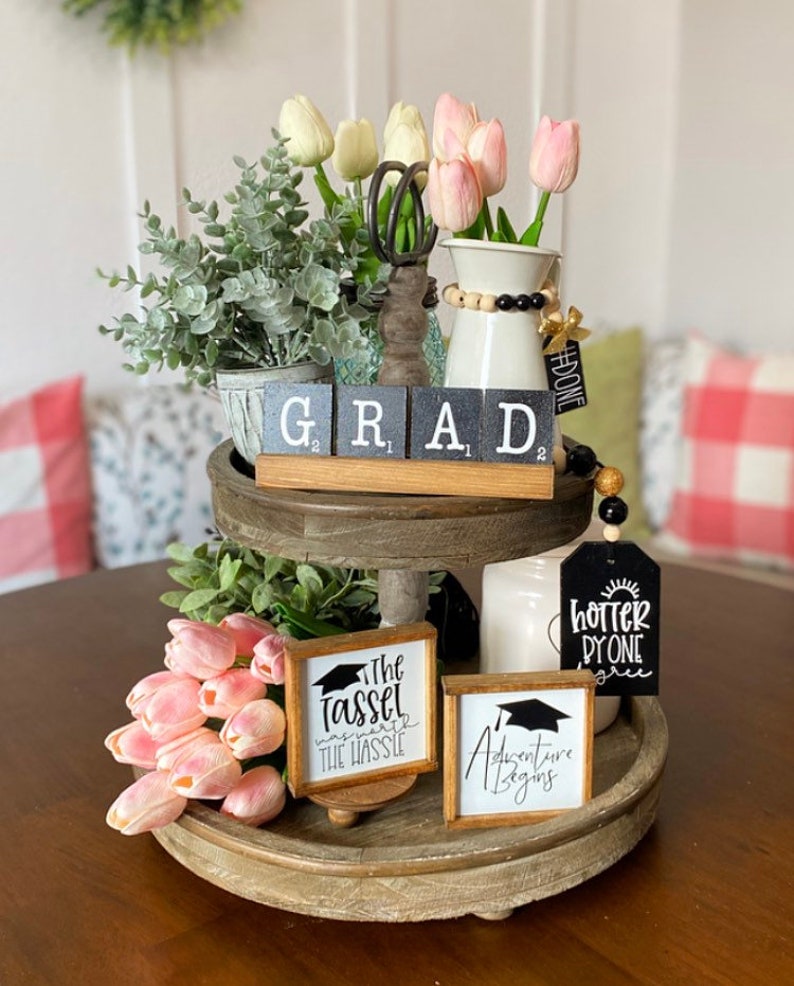 Graduation party decor tiered tray centerpiece signs, garland, mini bead loop and GRAD scrabble set with pine tray G48 1" x 3" wood riser