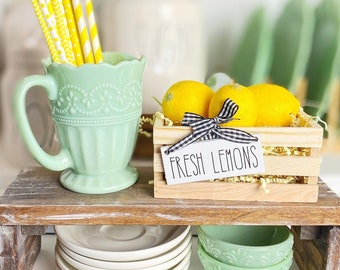Fresh lemons crate comes with 3 lemons - sized for tiered trays, 5x3 inches. Spring & summer farmhouse decor