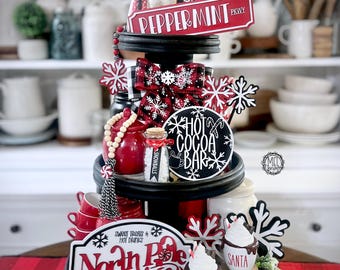 Hot cocoa tiered tray set, Christmas winter / snow red, black & white, dining room kitchen table decor party centerpiece coffee bar gift C72