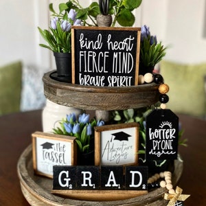 2025 Graduation party decor tiered tray centerpiece signs, garland, mini bead loop and GRAD scrabble set with pine tray G48
