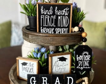 Graduation party decor tiered tray centerpiece signs, garland, mini bead loop and GRAD scrabble set with pine tray G48