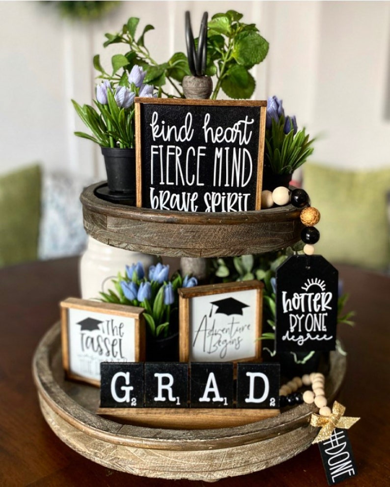 Graduation party decor tiered tray centerpiece signs, garland, mini bead loop and GRAD scrabble set with pine tray G48 image 1