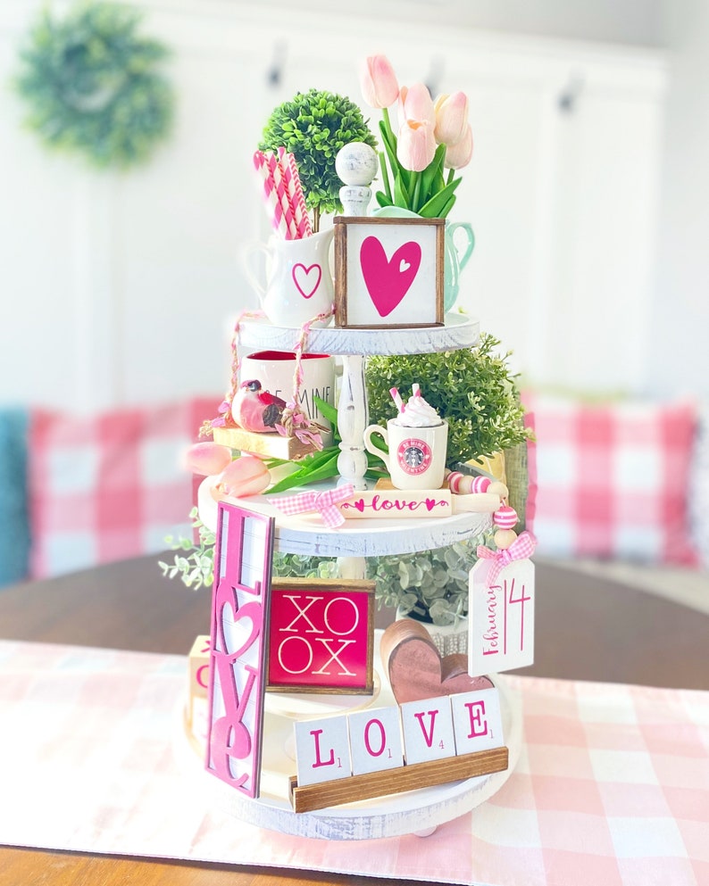 Pink & White Valentines Day tiered tray set Mix and match items, mini signs, garlands, love dice, etc. V12 image 2