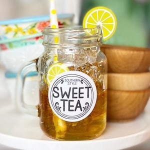 Retro / vintage faux southern style sweet tea in a mason jar, fake food. Lemon tea, spring summer farmhouse tiered tray cottage, hutch decor