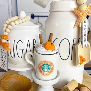 Tiered tray mini mug “Pumpkin spice latte” with faux whip, canister scoop, sugar bowl beads coffee bar set. Fall / autumn farmhouse