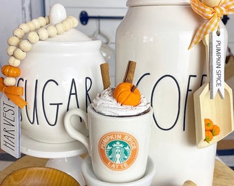Tiered tray mini mug “Pumpkin spice latte” with faux whip, canister scoop, sugar bowl beads coffee bar set. Fall / autumn farmhouse