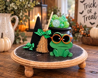 Bubble cauldron Halloween decor, tiered tray, vignette green bubbles, broom, witches hat X13