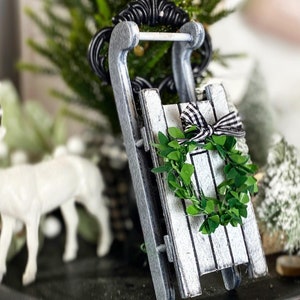 7 inch mini sled with wreath Black & white neutral tiered tray decor Christmas / winter / snow tiered tray toboggan