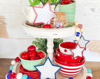3D etched stars, patriotic tiered tray hutch, shelf decor-  4th of July, Memorial Day decor, glass bobble jar, canister beads, hanging beads