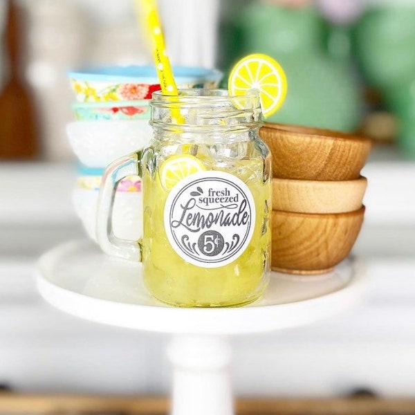 Retro / vintage faux lemonade in a mason jar, fake food. Lemon decor, spring summer farmhouse tiered tray cottage decor