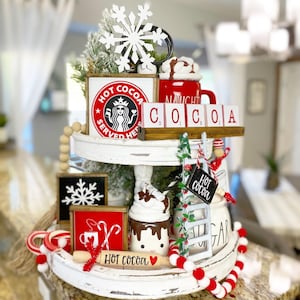 Hot cocoa tiered tray set, Christmas / winter / snow red, black & white, mini ladder, sugar bowl beads, rolling pin, 3D signs etc C28