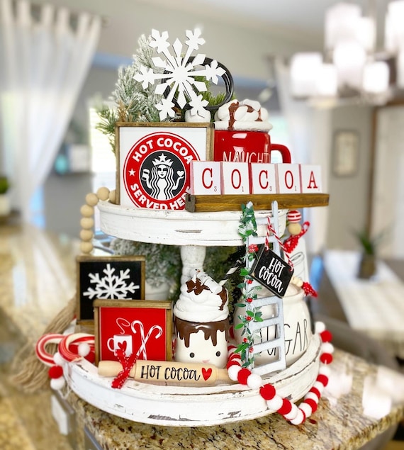 Hot Cocoa Tiered Tray Set Christmas Winter Snow Red Black White Mini Ladder Sugar Bowl