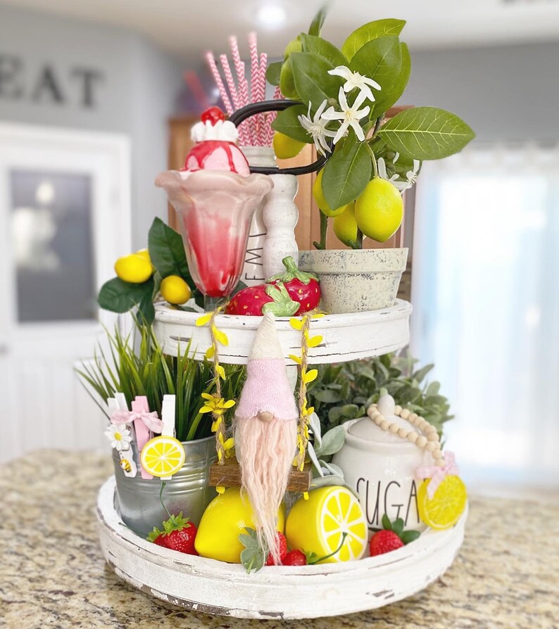 Lemon / lemonade pink white & yellow tiered tray set Mix and | Etsy