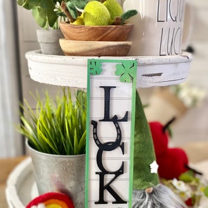 9&quot; farmhouse style tiered tray “porch board” with Shiplap background, Saint Patrick’s day  themed “luck”