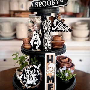 Home sweet Haunted Home set / fall Halloween farmhouse tiered tray set, 3D signs, risers tiered tray bow, ghost with Stanley etc H70