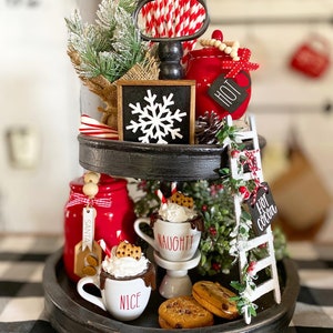 Hot cocoa tiered tray set, Christmas / winter / snow red, black & white, mini ladder, sugar bowl beads, rolling pin, 3D signs etc C28 image 3