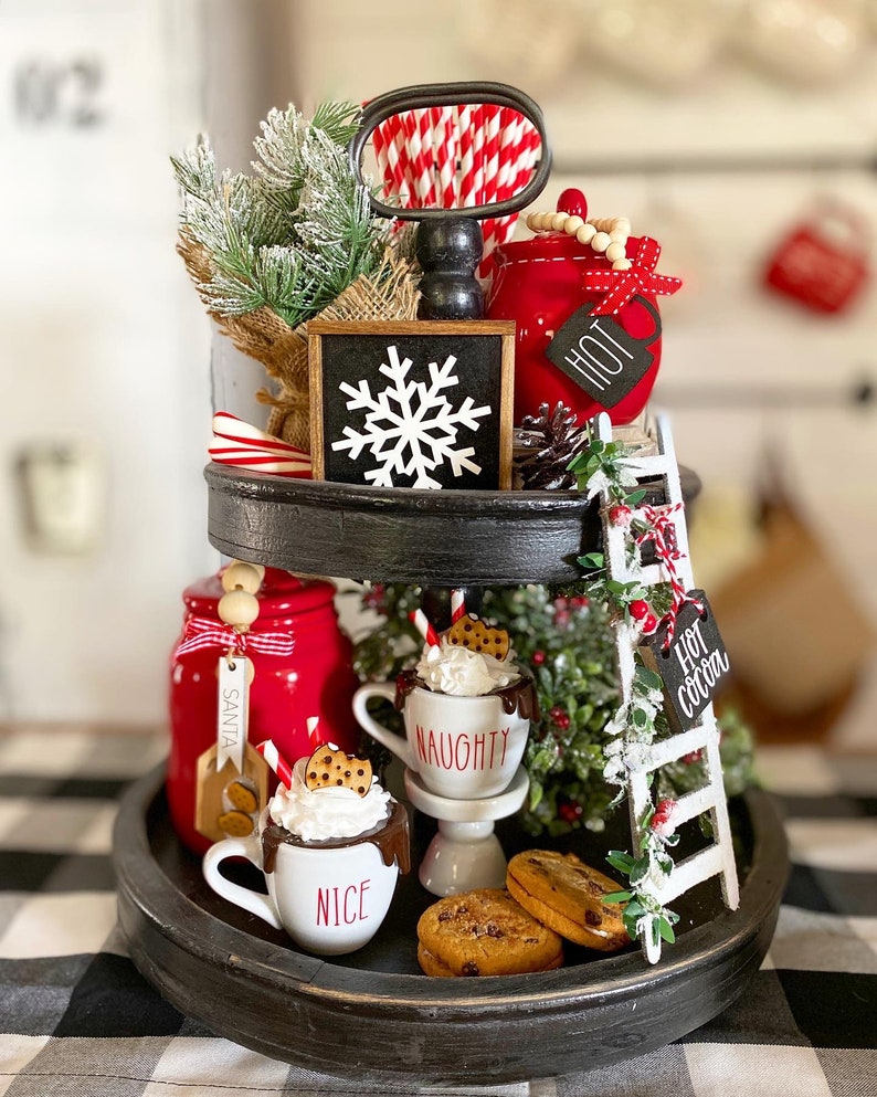 Hot cocoa tiered tray set, Christmas / winter / snow red, black & white, mini ladder, sugar bowl beads, rolling pin, 3D signs etc C28 image 3