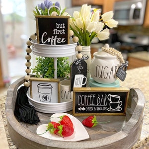 Coffee bar decor, black & white tiered tray items! Mix and match, HOT 30” garland, mini, sugar bowl bead loop, farmhouse style signs etc C03