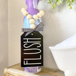 Kids Bathroom reminder to flush the toilet! Beautiful tag on a wooden bead stretchy cord for deoderizer spray bottle or door knob handle