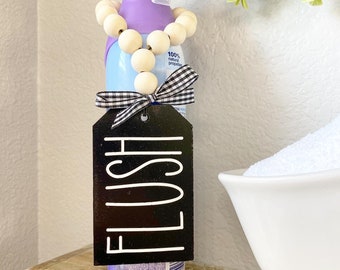 Kids Bathroom reminder to flush the toilet! Beautiful tag on a wooden bead stretchy cord for deoderizer spray bottle or door knob handle