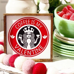 Coffee is my Valentine sign, black and white XO sign, red 3D heart sign beads. Farmhouse / cottage hutch, tiered tray