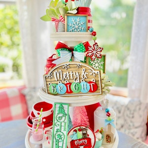 Merry and Bright colorful tiered tray, Christmas / winter / red green and blue vintage retro Christmas C32 image 1