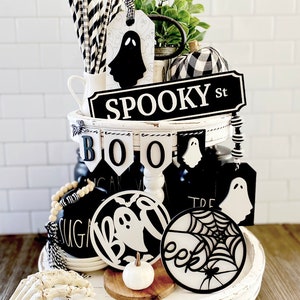 Spooky black and white Autumn / fall Halloween farmhouse tiered tray set, 3D signs, sugar bowl beads garland & street sign H50