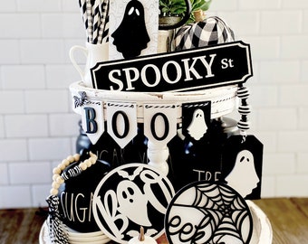 Spooky black and white Autumn / fall Halloween farmhouse tiered tray set, 3D signs, sugar bowl beads garland & street sign H50