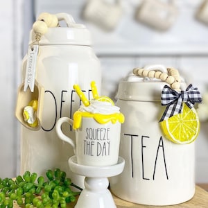 Lemon tiered tray mini mug “Squeeze the day” faux lemon meringue & lemon slices faux whip topping,  canister scoop, beads coffee bar set