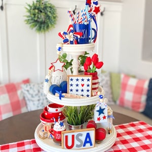 4th of July, Independence Day, Memorial Day farmhouse style tiered tray set! Red white & blue American USA, perfect for Tiered trays F13