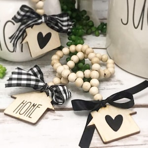 Wooden bead loop garland for sugar bowls, etc. HOME on one side & a heart on the other with buffalo check or black ribbon